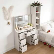 [Christmas Gift] Elegant Dressing Table With Mirror, Featuring Multiple Drawers For Versatile Storage. Spacious Compartments, Three-Colour Makeup Mirror With Adjustable Brightness. Multi-Tiered Vanity Unit For Bedroom Use - trắng - Xem 2