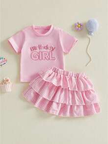 Toddler Girl Birthday Set Letter Embroidery Short Sleeve T Shirt And Tiered Ruffled Plaid Skirt Two Piece Outfit - 粉色 - 查看 1