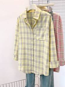 YUXIN 复古格子女式风衣 - 时尚宽松长袖衬衫，轻便外套，适合办公室、日常穿着，春秋季节皆宜 - 黃色 - 查看 3