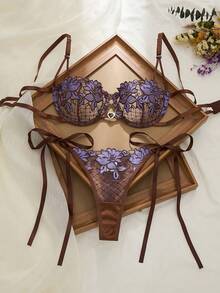 2pcs Women's Purple Floral Embroidery Sexy Lingerie Set, Sheer Playful Cropped Top And Bow Tie Panty, Comfortable Homewear Outfit - Coffee Brown - View 1