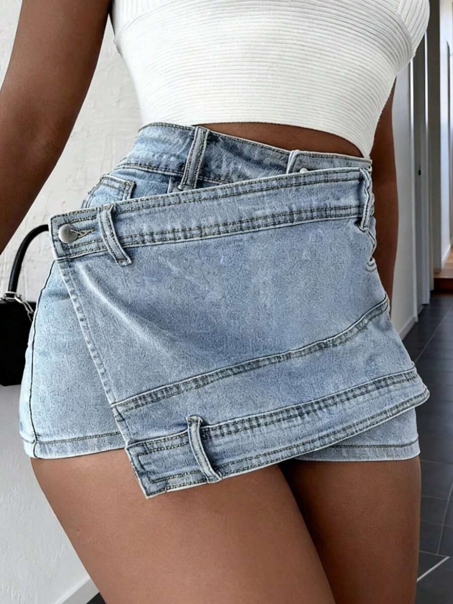 Rave Street Wrap Stretch Asymmetrical A-Line Patch Pocket Back Skinny Cargo Denim Mini Skort - Light Wash - View 1