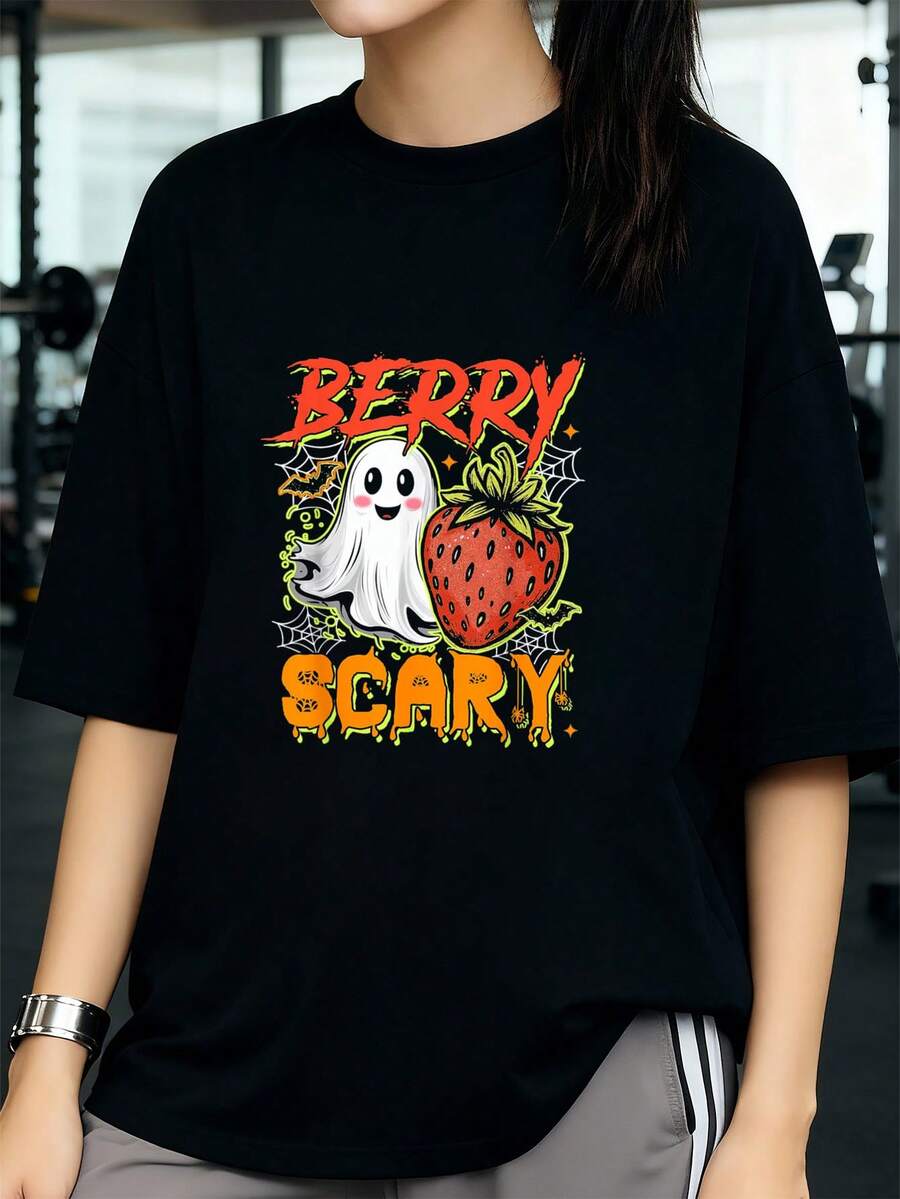 Halloween Vibes T-Shirt Spooky Season Strawberry Boo Ghost Horror Graphic Tees Women's Crop Tops Summer Sets For Women Summer Tops T-Shirt 7TI7 - 黑色 - 查看 1