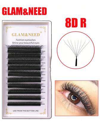 GLAM&NEED 10排D型卷翘自动绽放W型3D/4D/5D/6D/7D/8D/YY/6D貂毛假睫毛/湿睫毛/5D花朵/扁平椭圆/易扇/睫毛嫁接/Jingling/Manyu/Xingyu/Yuyi/Tajian/8D R/U-YY/3D棕色/4D棕色/5D棕色预制扇形假睫毛，快速嫁接，自然柔软，轻盈浓密