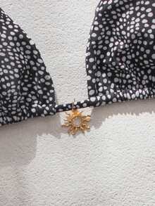 wohenmeili Women's Summer Beach Full Print Halter Tie Sexy Bikini Swimsuit Set - Black Background With White Dots - View 6