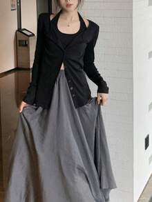 Y6Y 新款春季多扣设计黑色修身显瘦长袖T恤和短款针织开衫两件套 - 黑色 - 查看 1