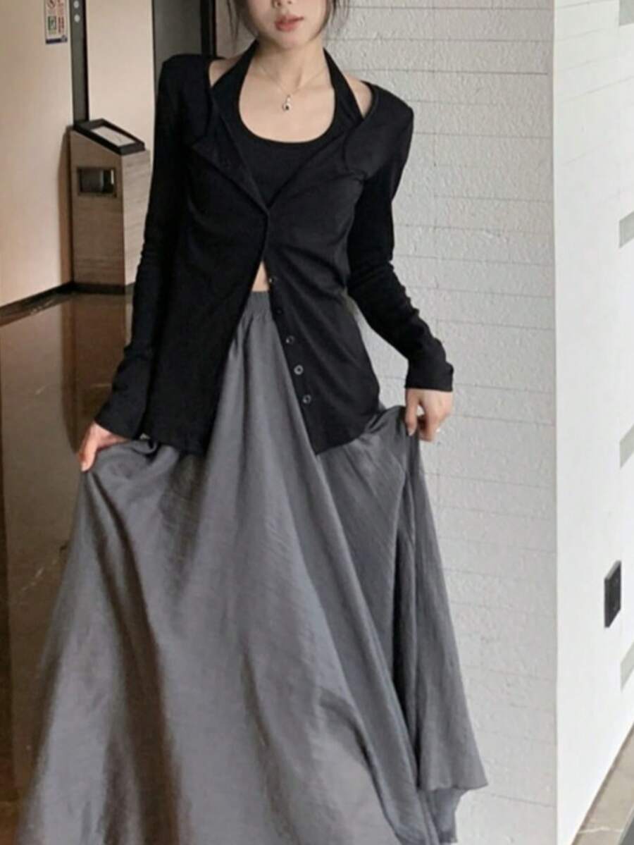 Y6Y 新款春季多扣设计黑色修身显瘦长袖T恤和短款针织开衫两件套 - 黑色 - 查看 1