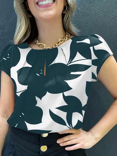 Blusa de mujer con estampado aleatorio de manga corta - Cuello redondo casual, corte holgado, blusa de poliéster para todas las estaciones