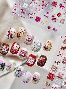 1pc Cute Cartoon Pony Bear Red Flower Firework Bow Lucky Bag Cake Press-On Nail Stickers 5D Nail Art Celebration Festive Whimsical Self Adhesive Nails For Women's Joyful DIY Manicure Decals - Multicolor - View 4