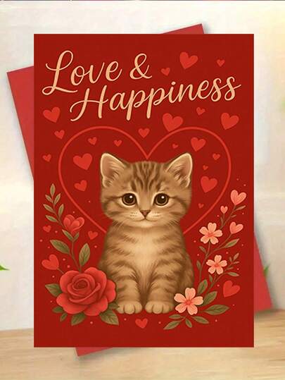 1张浪漫情人节贺卡，“爱与幸福”，以可爱的小猫和玫瑰心形元素为特色，适合送给妻子、丈夫、男友、女友，趣味十足，尺寸17*24厘米/6.69*9.45英寸，耐用纸张，色彩鲜艳的印刷品。