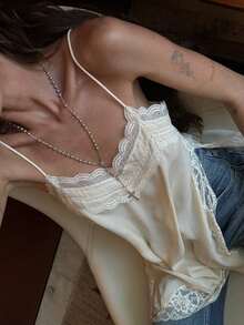 Women Y2k Lace Patchwork Satin Camisole Tops Chiffon Split Sleeveless Spaghetti Strap Tank Tops Flowy Silky Layering Tops Going Out Dress Shirt Camisoles Streetwear Aesthetic Clothes - 白色 - 查看 7