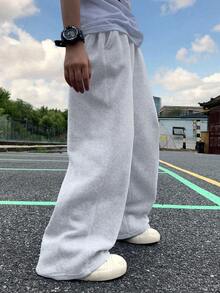 1pc Tween Boys Casual Loose Fit Thermal Lined Straight Leg Pants, Suitable For Outdoor Sports, Thick & Warm, Spring/Autumn/Winter - Grey - View 5