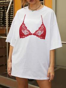 تي شيرت تي-شيرت بطباعة حمالة صدر كبيرة الحجم - لعب وممتع، قطعة صيفية مريحة وفضفاضة وعصرية - أبيض - مشاهدة 2