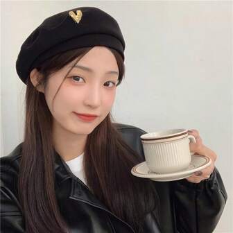 1pc Autumn Korean Style Heart Beret Hat, Fashionable, Versatile, High-Quality, Suitable For Outings And Street Wear
