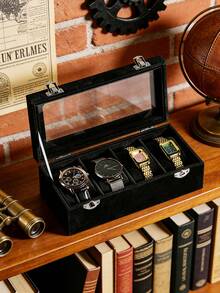 4-Slot Velvet Watch Box With Glass Cover, Unisex Watch Storage Case, Lockable Watch Display Box, Ideal Gift