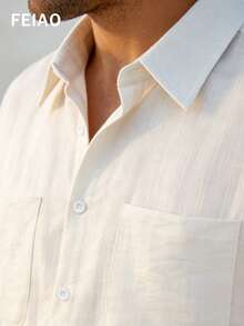 FEIAO Men's Retro Vintage Coin Design T-Shirt, Linen-Look Breathable Mesh Fabric, Button Front, Solid Color, Comfortable Soft Casual Versatile Fit, Slightly Oversized - White - View 4