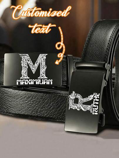 Personalized Custom Text Men's Belt - Customized Black Faux Leather Automatic Buckle, Ideal For Business Or Casual Wear - Perfect Gift For Boyfriend, Father On Valentine's Day, Halloween, Birthday, Classic Black Fashion Trouser Belt
