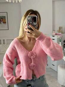 Cardigan elegant pentru femei, cu imprimeu floral 3D, în culori solide, toamnă/iarnă