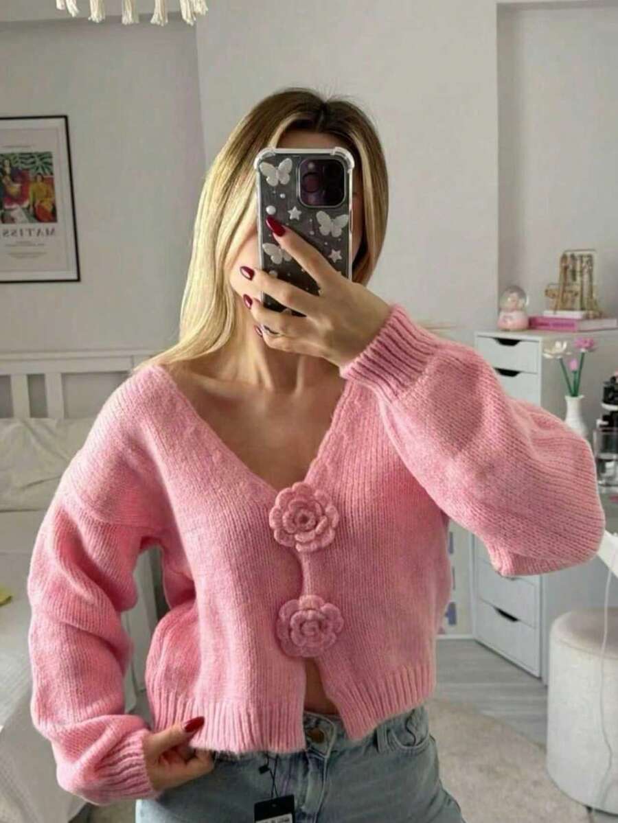 Cardigan elegant pentru femei, cu imprimeu floral 3D, în culori solide, toamnă/iarnă