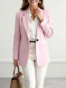 Women's Pink Long Sleeve Lapel Button Regular Woven Fabric Blazer Jacket Versatile Outerwear - Pink - View 8