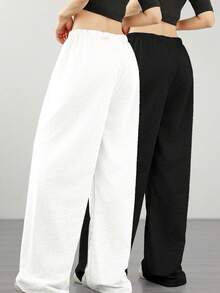 2pcs Women's Casual Drawstring Sweatpants, Simple Loose Fit Joggers For Spring, Summer, Autumn - White+Black - View 2