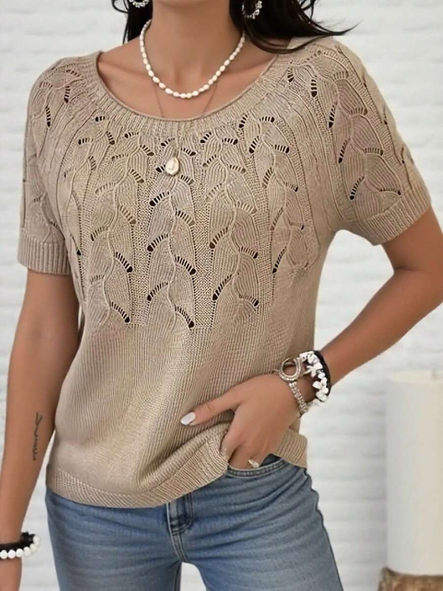 女士纯色休闲简约修身圆领短袖针织毛衣