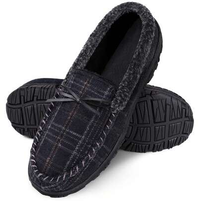 Men's Fluffy Soft Bottom Non-Slip Indoor/Outdoor Moccasin Slippers, Black