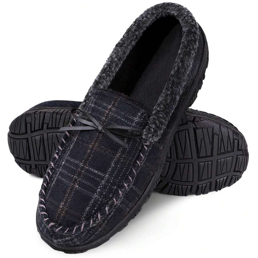 Men's Fluffy Soft Bottom Non-Slip Indoor/Outdoor Moccasin Slippers, Black - Black - View 1