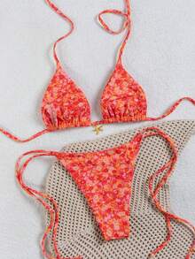 wohenmeili Bộ đồ bơi bikini hở lưng họa tiết hoa gợi cảm đi biển mùa hè dành cho nữ - Đế màu đỏ cam - Xem 11