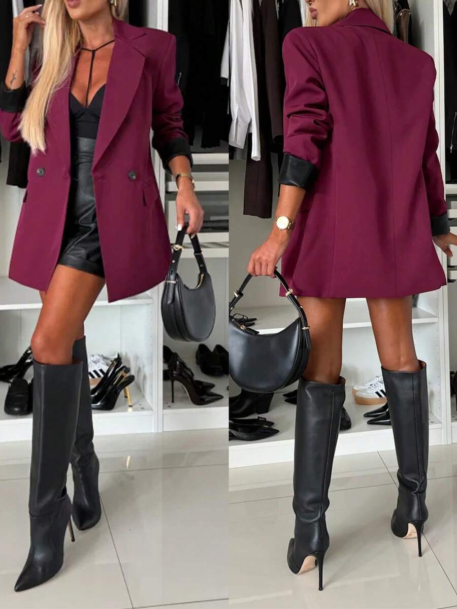 优雅双排扣长袖翻领女士西装外套 - 酒紅色 - 查看 1