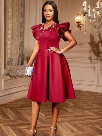 Women Red Chic Beaded V Neck Ruffle Sleeves A Line Dress Spring Summer Evening Cocktail