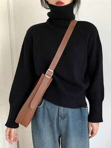 [Y6Y]Comfortable Black High Neck Knit Sweater, Long Sleeve Loose Fit, Suitable For Winter Daily Wear And Comfortable Layering - Black - View 1