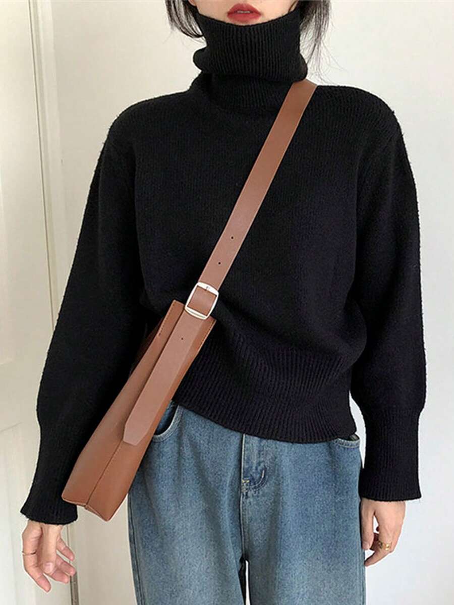 [Y6Y]Comfortable Black High Neck Knit Sweater, Long Sleeve Loose Fit, Suitable For Winter Daily Wear And Comfortable Layering - Black - View 1