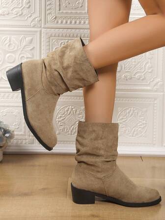 2025 New Women's Fashion Brown Chunky Heel Mid-Calf Boots