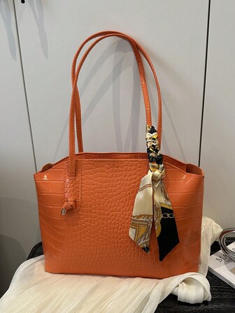 1 st. dammode, pendlarväska i enfärgad, präglad axelväska, bärbar och mångsidig axelväska med stor kapacitet, lämplig för dejter, shopping, utflykter, resor, levereras med halsduk