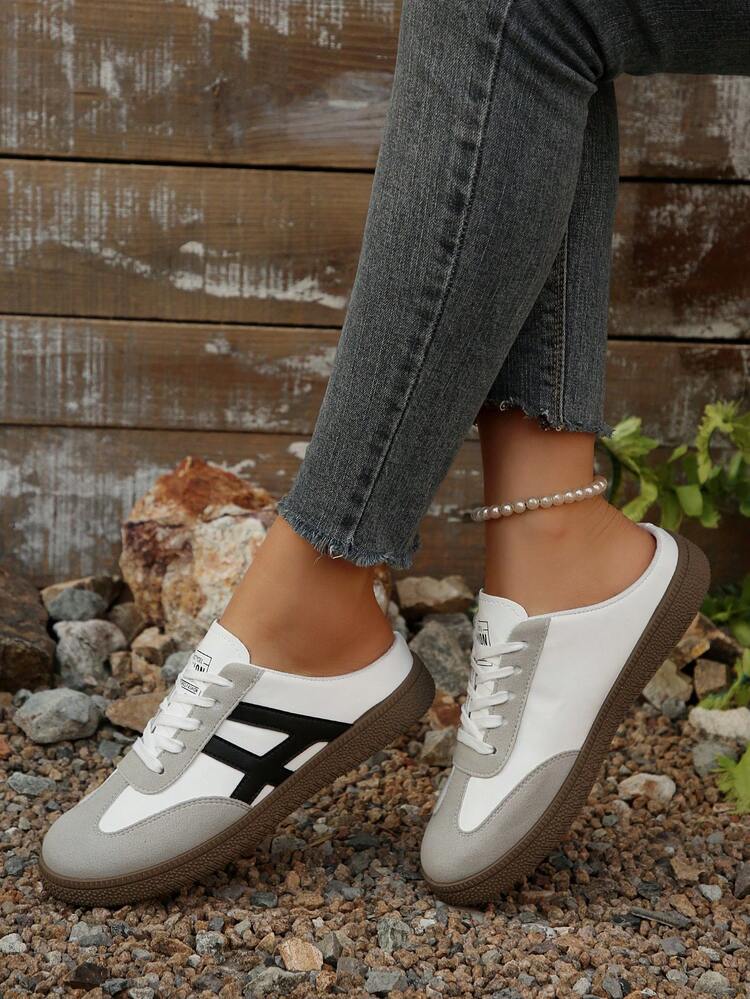 2026 Women's New Multifunctional Convenient Fashion Comfortable Versatile Slip-On Sneakers, Geometric Stripe Decor On Upper, Size 36-43 Available, Note! Please Confirm Size Length When Purchasing - Black and White - View 2