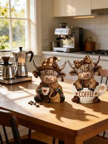 1/2pcs Coffee Highland Cow Figurine, 3D Highland Cow Statue, Farm Cow Decor, Seasonal Holiday Decoration For Christmas, Thanksgiving, Valentine's Day, Gift For Cow Lovers, Coffee Shop Decor, Cute Animal Design - Multicolor - View 8