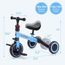 BackID 3-In-1 Toddler Trike Balance Bike Combo With Foldable Rear Wheels&Removable Pedals,Learn-To-Ride On Tricycle For 1.5-4 Years Old,Quick Assembly,Adjustable Height Kids Bicycle - Blue - View 6