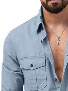 Men's New Autumn/Winter Elastic Casual Business Long Sleeve Shirt, European Size - Dusty Blue - View 2