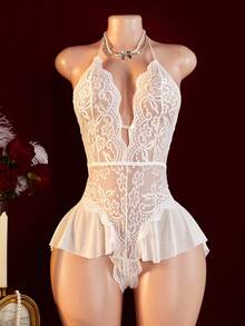 AESKEIA White V-Neck Crotchless Sexy Lingerie Women Sexy Lace Skirt Edge Erotic Doll Dress Temptation Hollow Open Crotch Bodysuit For Going Out - White - View 5