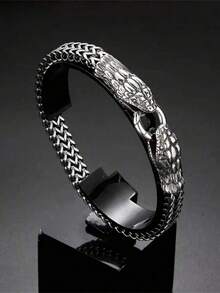 1pc Fashionable Double-Headed Snake Bracelet, Stainless Steel Men's Accessory, Modern Black Bracelet, Ideal Men's Gift, Showcasing Individual Charm - Style 1 - View 5