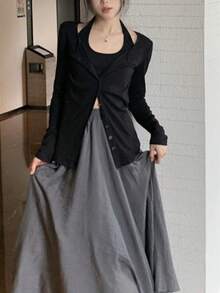 Y6Y 新款春季多扣设计黑色修身显瘦长袖T恤和短款针织开衫两件套 - 黑色 - 查看 13