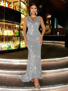 CHOSMO 大码亮片露背优雅正式礼服，适合舞会、婚礼、生日派对、周年纪念、毕业典礼、音乐节、鸡尾酒会、正式晚宴、摄影、毕业舞会、旅行、舞台表演等场合。 - 銀色 - 查看 6