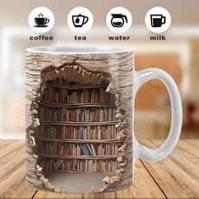 1pc 11oz Ceramic Coffee Mug - 3D Bookshelf Pattern, Unique Beverage Cup Suitable For Book Lovers, Available In Multiple Colors - Multicolor - View 3