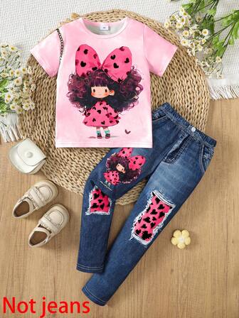 2 Pieces Set Young Girl Casual Style Cute Bow Heart Print Soft & Comfortable Knitted Short Sleeve T-Shirt And Denim Effect Pants Outfit, Spring/Summer