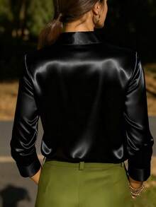 女士时尚新款缎面舒适纽扣衬衫 黑色 春季 - 黑色 - 查看 2