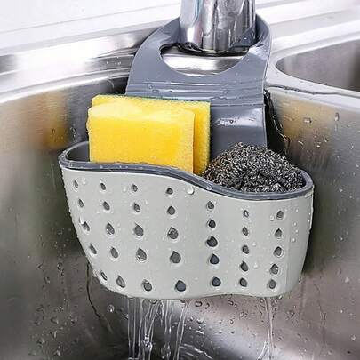 1个双层厨房收纳篮，可调节水槽挂架，硅胶水龙头沥水篮，免钻孔浴室置物架，带快速排水系统的收纳盒，适用于存放海绵、肥皂、抹布、刷子和其他厨房用品/浴室用品/厨房/收纳用品