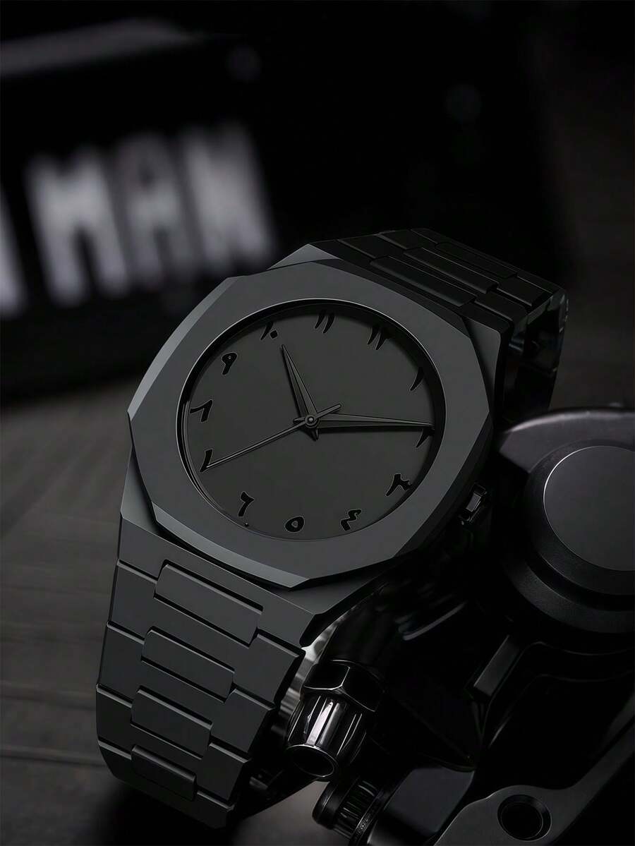 1 pieza Reloj de cuarzo redondo negro de plástico para hombres con escala numérica árabe, de moda y sencillo, adecuado para uso diario, regalos y reuniones casuales - Negro - Ver 1