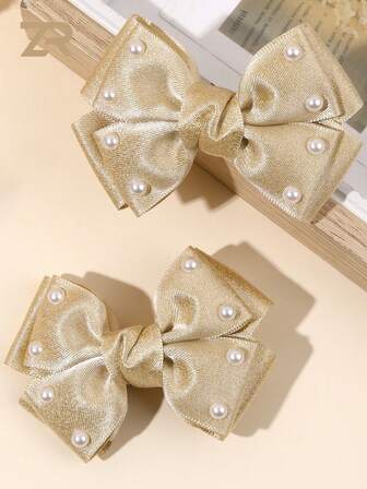2pcs Gold Hair Bow Clips For Girls Teens,Pearls Decor Solid Color Bow Hair Clips Alligator Clips Casual Fashion Barrettes Daily Life Hair Accessories For Woman, Claw Clips, Hair Slide, Hair Barrettes