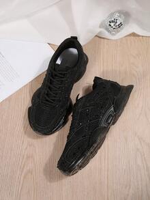 Women's Mesh Rhinestone Lace-Up Jelly Sole Casual Sneakers - Black - View 3