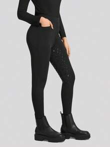 女士全座硅胶防滑马术裤，高腰紧身打底裤 - 黑色 - 查看 5